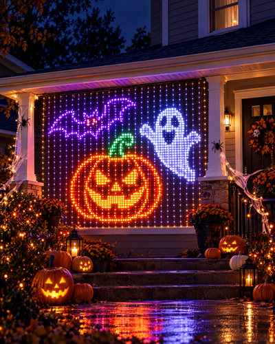 Halloween pumpkin display on porch